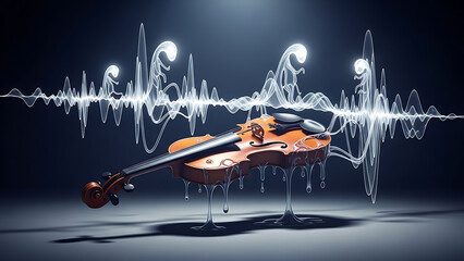 Conceptual image combining a violin with digital sound waves, symbolizing music, creativity, technology, and modern sound innovation.