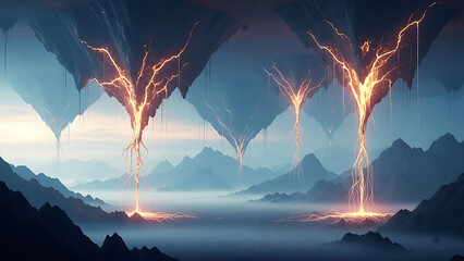 Cinematic fantasy environment featuring floating structures and dramatic lighting, symbolizing imagination, mystery, and otherworldly beauty.