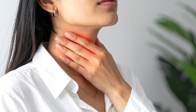 Woman experiencing throat pain, holding her neck in discomfort.