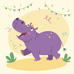 Playful Purple Hippo Celebrating At A Festive Party With Confetti And Bunting