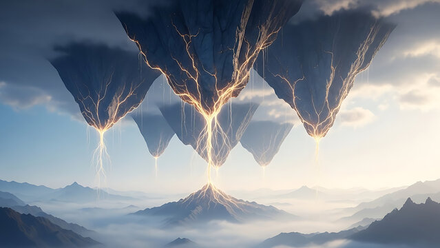 Surreal fantasy landscape featuring floating mountains in the sky. Concept of imagination, dream world, freedom, otherworldly nature, and creative exploration.