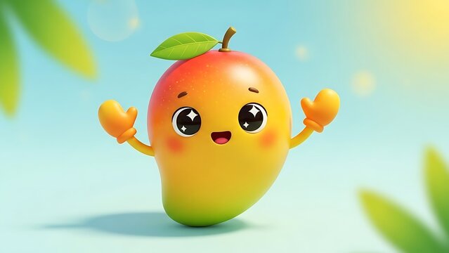 Cute cartoon mango character smiling happily.