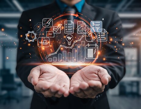 Concepto de gesti&oacute;n empresarial productividad organizaci&oacute;n planificaci&oacute;n estrategia negocios iconos digitales an&aacute;lisis datos corporativo innovaci&oacute;n
