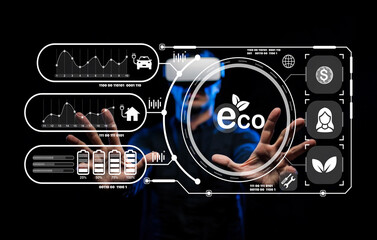 Futuristic User Interacting with Eco-Friendly Digital Interface for Sustainability, Data Visualization, and Green Technology Innovations