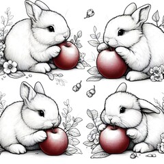 Cute line-art rabbits gathered together, munching on apples.