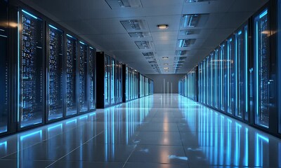 Modern data center server room with rows of glowing blue illuminated racks and reflective floor creating a futuristic and high tech environment for digital information storage and processing - Powered by Adobe