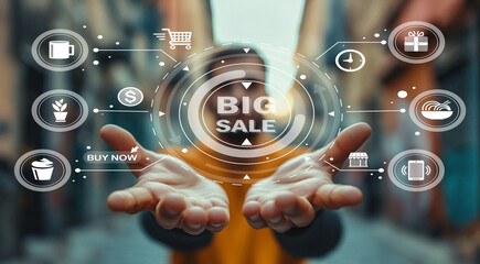 Hands Reaching Out with Digital Shopping Icons and Big Sale Text Captured in Urban Environment for...