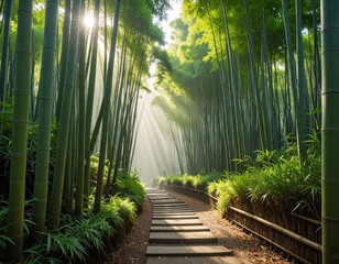 Ethereal Bamboo Forest with Morning Rays