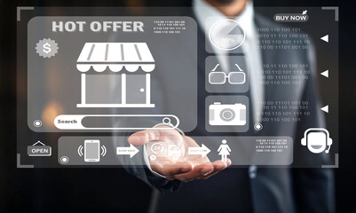 Businessman Presenting Digital Interface with Hot Offer and E-Commerce Icons for Online Shopping and Retail Promotion