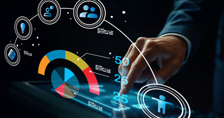 Hands Interacting with Digital Interface of Data Visualizations, Pie Charts, and Icons for Business Analytics and Information Technology