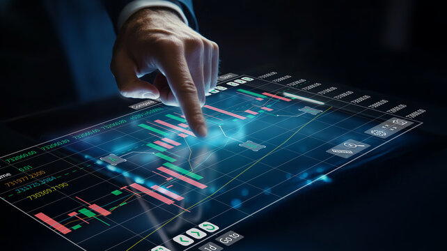 Businessman Analyzing Data Trends Using Interactive Digital Chart on Touchscreen Display in Modern Office Environment - Powered by Adobe