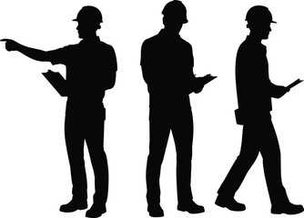 Construction worker silhouettes set showing engineers with helmets and clipboards, site inspection, planning and supervision concept vector isolated on white background