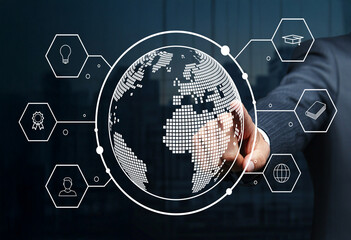 Global Connectivity Concept with Hand Reaching Towards Digital World and Symbols of Education, Innovation, and Communication in Business Environment