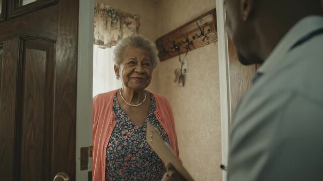 African American senior woman receives a doctor home visit. Caring healthcare professional delivers package. Gentle interaction, warm welcome. Elderly care, health assistance.