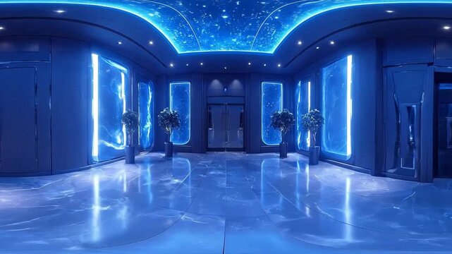 Futuristic interior design with blue neon lights and potted plants, creating a modern ambiance.