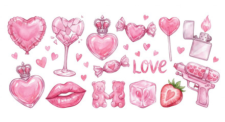 Whimsical pink love themed illustrations on black background
