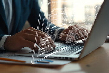 Hands of a person typing on a laptop with holographic icons illustrating automotive engineering and design concepts in a modern office setting