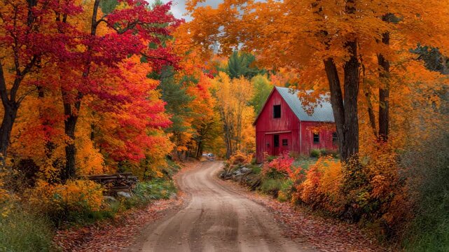 Autumn pathway with red barn surrounded by vibrant foliage