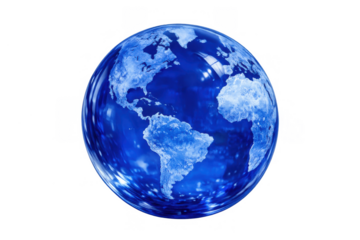 Blue glass earth globe showing continents for global communication, ecology, and environmental concepts, transparent background