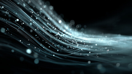 Futuristic AI data signal waves with glowing particles in dark sci-fi atmosphere, premium tech abstract background with copy space