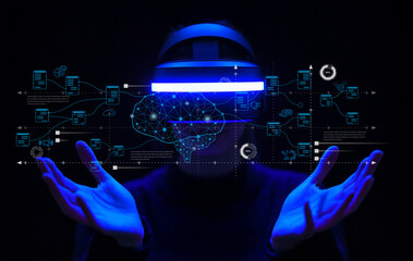 Futuristic Virtual Reality Experience with Artificial Intelligence Concept Highlighting Human Interaction and Digital Brain Visualization on Dark Background