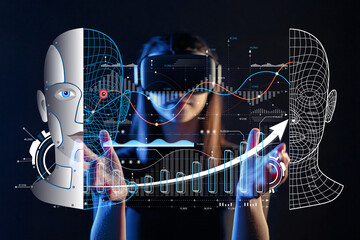 Woman in Virtual Reality Headset Interacting with Futuristic Graphs, Data Visualizations, and Digital Human Figures in Technology Concept