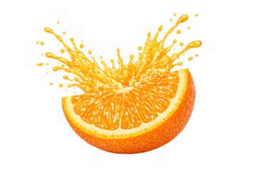 Orange slice with dynamic juice splash, representing fresh citrus fruit, healthy drink, vibrant flavor, and refreshment