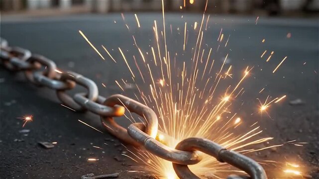 Broken chain unleashing sparks and fierce energy concept. The scene captures a dramatic moment of force and intensity. 