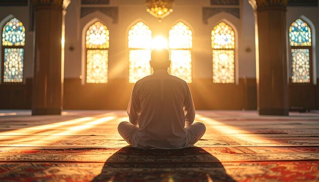 Man Meditating in Mosque with Sunlight Streaming Through Windows.