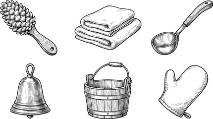 Hand-drawn sauna accessories collection with wooden bucket, birch whisk, ladle, stacked towels, bell and mitt, vintage engraved spa and bathhouse illustrations icons © Sophia Creatives