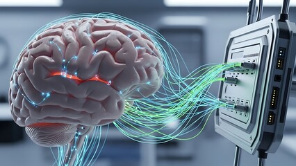 Brain connected to computer hardware with neural network