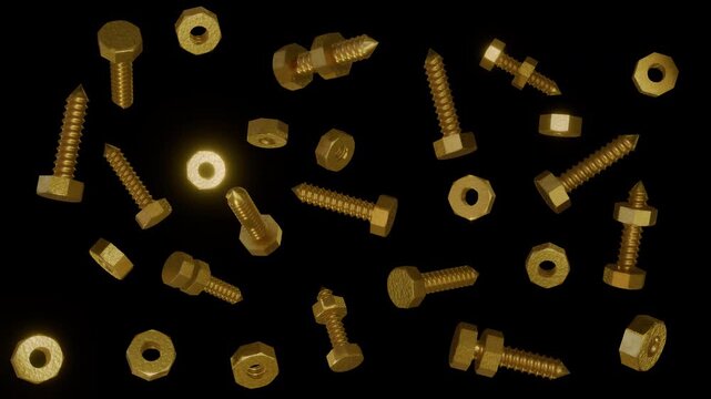 Seamless loop of scattered golden screws and nuts rotating on their axes - Photorealistic 3D hardware ProRes 4444 animation.