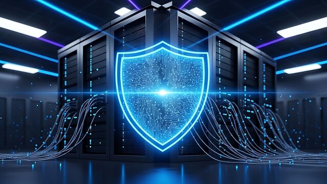 Secure data center with glowing blue shield and server racks - Powered by Adobe