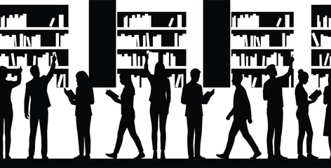 People reading in library silhouette vector illustration, students and adults browsing bookshelves, studying, learning and research scene in public library interior © Sophia Creatives