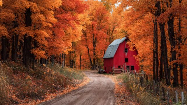 Rustic red barn surrounded by vibrant autumn foliage on a serene country road