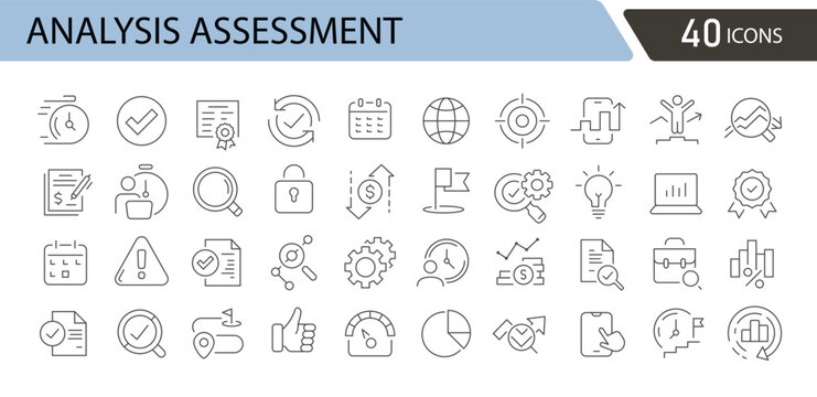 Analysis assessment icons set with analysis, assessment, report, checklist, evaluation, audit, data, research, review, performance, planning, and decision symbols. Outline style.