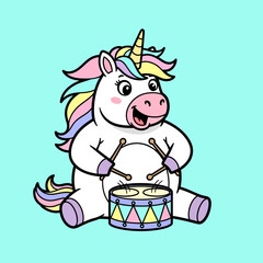 Cute cartoon unicorn playing a drum. © Arviz