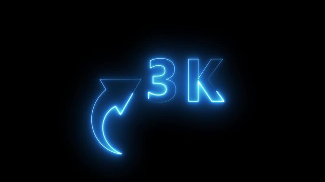 3K neon text animation on black background. Neon number with arrow animation. Followers or subscribers and like comment letter on black background.