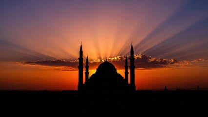 Majestic mosque silhouette at sunset with radiant sunbeams illuminating vibrant sky and clouds