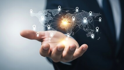 Businessman holding global network map with location pins in futuristic style with bright glowing center in soft blue lighting for corporate technology