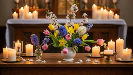 Vibrant spring flowers and illuminated candles arranged elegantly on church altar for charming easter celebration