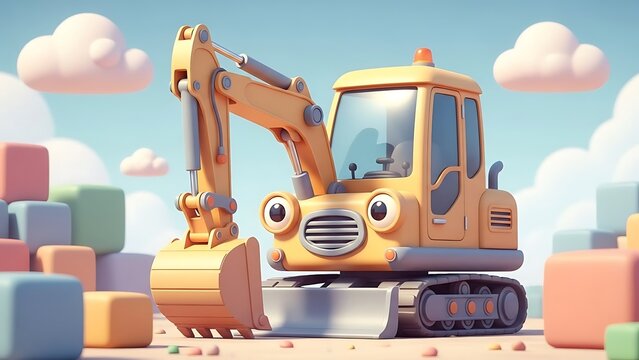 Yellow cartoon excavator with blocks.
