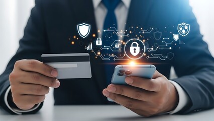 Businessman holding credit card and smartphone with secure online payment icons in futuristic digital overlay with shield and lock symbols in blue tone for e-commerce security