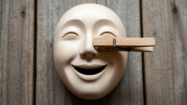 Comedy theatre mask with wooden block.