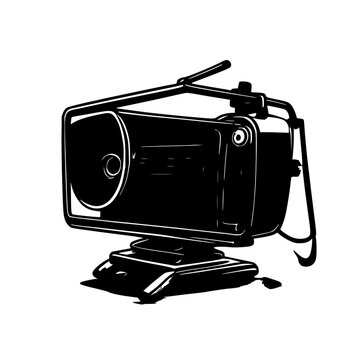 Portable mini movie projector black line art illustration, minimalist vector design on stark white background for tech product visuals