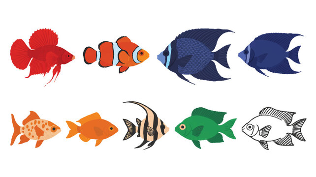 A flat, minimalist illustration of eight different tropical fish arranged in two rows against a white background (3)_traced