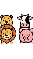 Fototapeta premium Cartoon farm animals and lion faces.