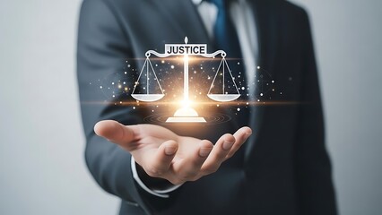 Scales of Justice in glowing digital representation on outstretched hand in formal business attire with soft focus background for law and order