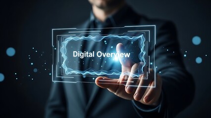 Businessman Interacting with Digital Interface in Futuristic Blue Glow on Dark Background for Technology