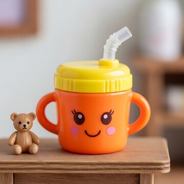 Smiling orange sippy cup with teddy.